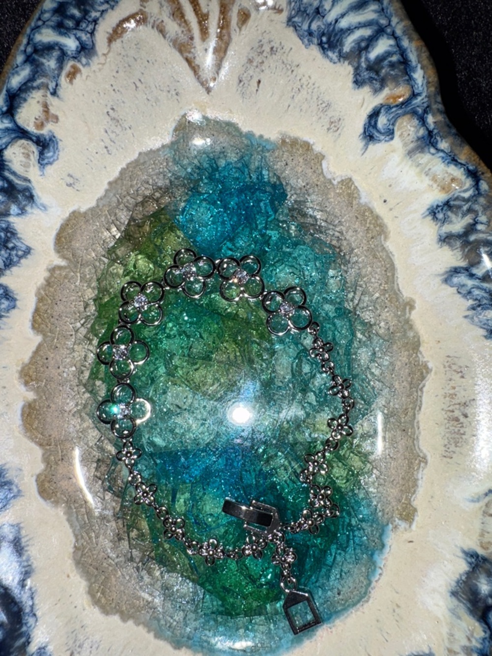 Delicate Silver-Tone Crystal Bracelet - Sparkling Floral Links .